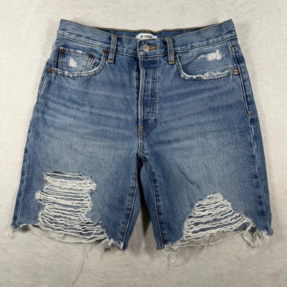 RE/DONE Loose Long Short Minerva Destroy Distressed High Rise Denim Shorts 26